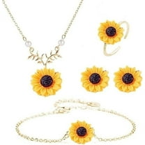 4 Pieces Sunflower Pendant Faux Pearl Chain Necklace Boho Sunflower Charm Bracelet Earrings Ring set for Women Jewelry Accessories