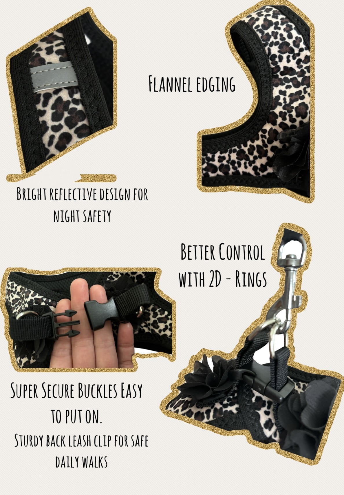 Harness + Collar + Bow for Dogs adjustable Animal Print with flowers Size “S” , Set