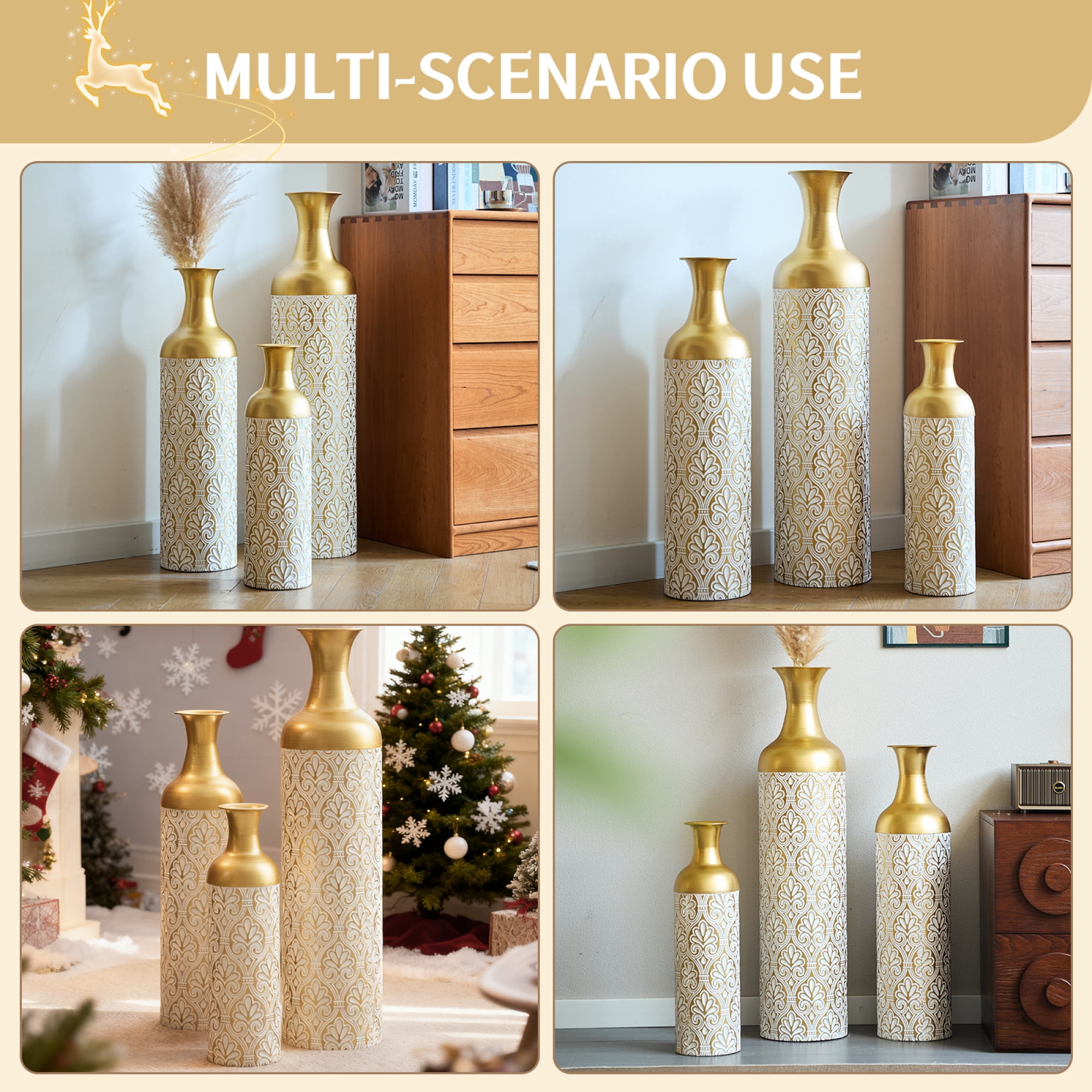 Leumius 3 Pack Gold White Metal Vase Set, Tall Embossed Nested Vases, Semi-Handcrafted Decorative Centerpieces for Home Living Room Floor Fireplace