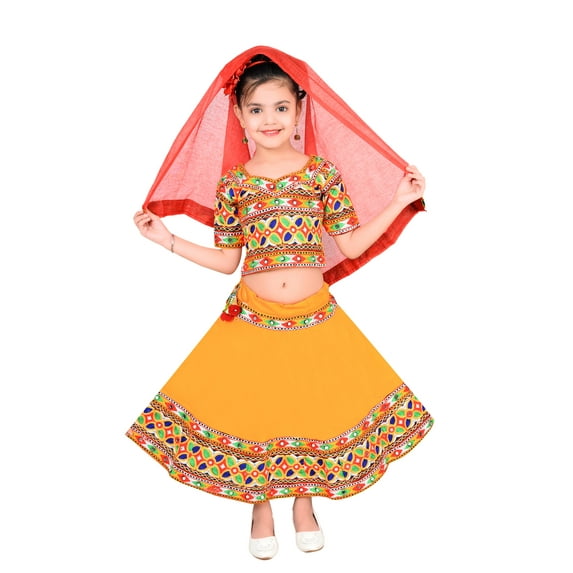 Ahhaaaa Kids Ethnic Cotton Blend Radha Dress / Lehenga Choli / Chania Choli Set For Girls