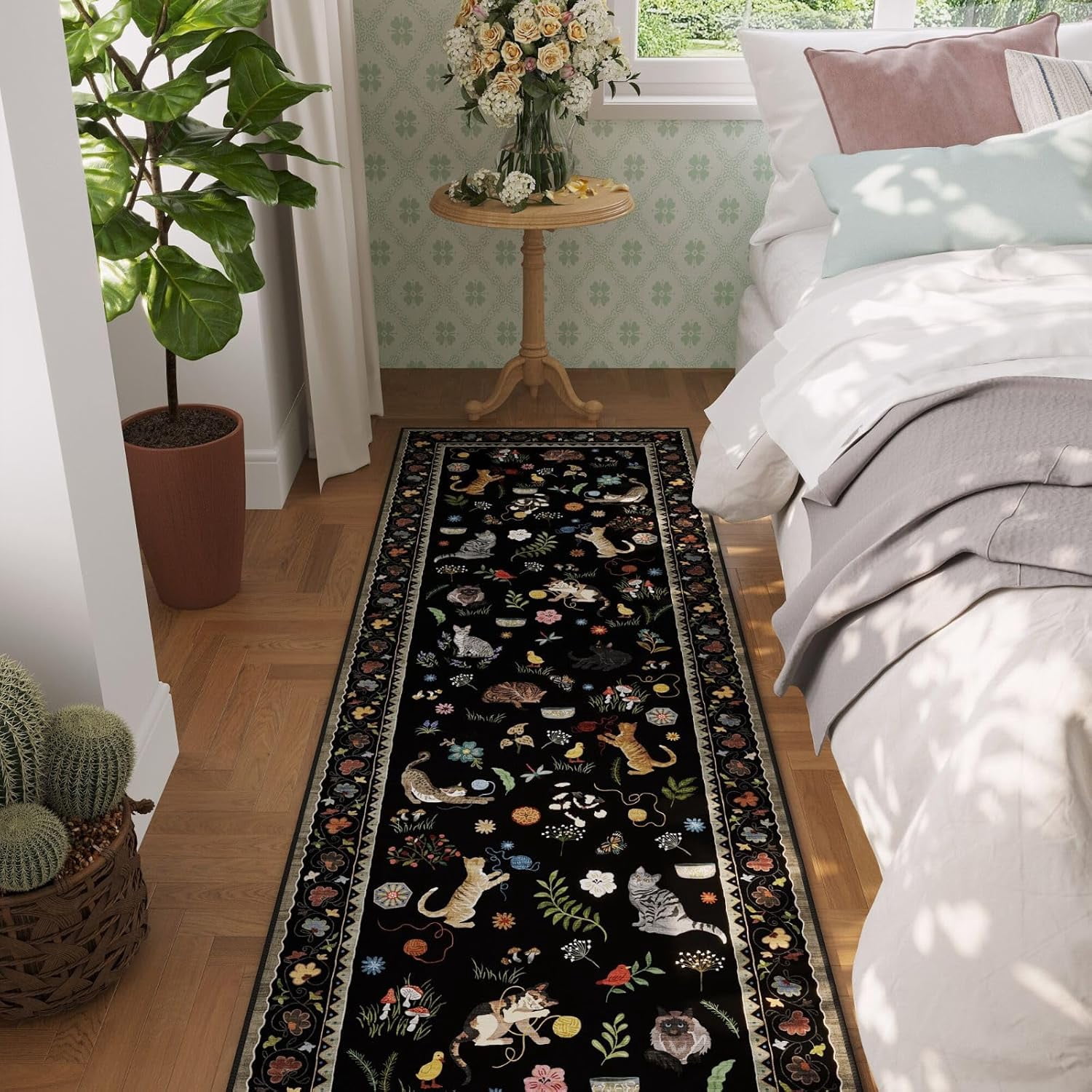 Runner Rug for Kitchen Non Slip 2'x6' Washable Rugs with Rubber Backing Soft Floral Animal Cat Carpet Runner for Kitchen Laundry Bedroom Bathroom, Black image 3