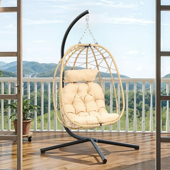Dextrus Hanging Wicker Swing Chair with Stand & Cushions 330lbs for Patio, Bedroom, Garden and Balcony, Yellow