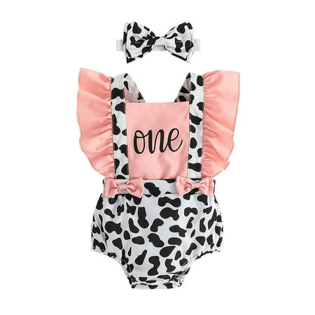 

Baby Bodysuit Girls Fly Sleeve Cow Prints Ruffles Backless Jumpsuit And Headbands Baby Girl Romper Pink 3 Months-6 Months