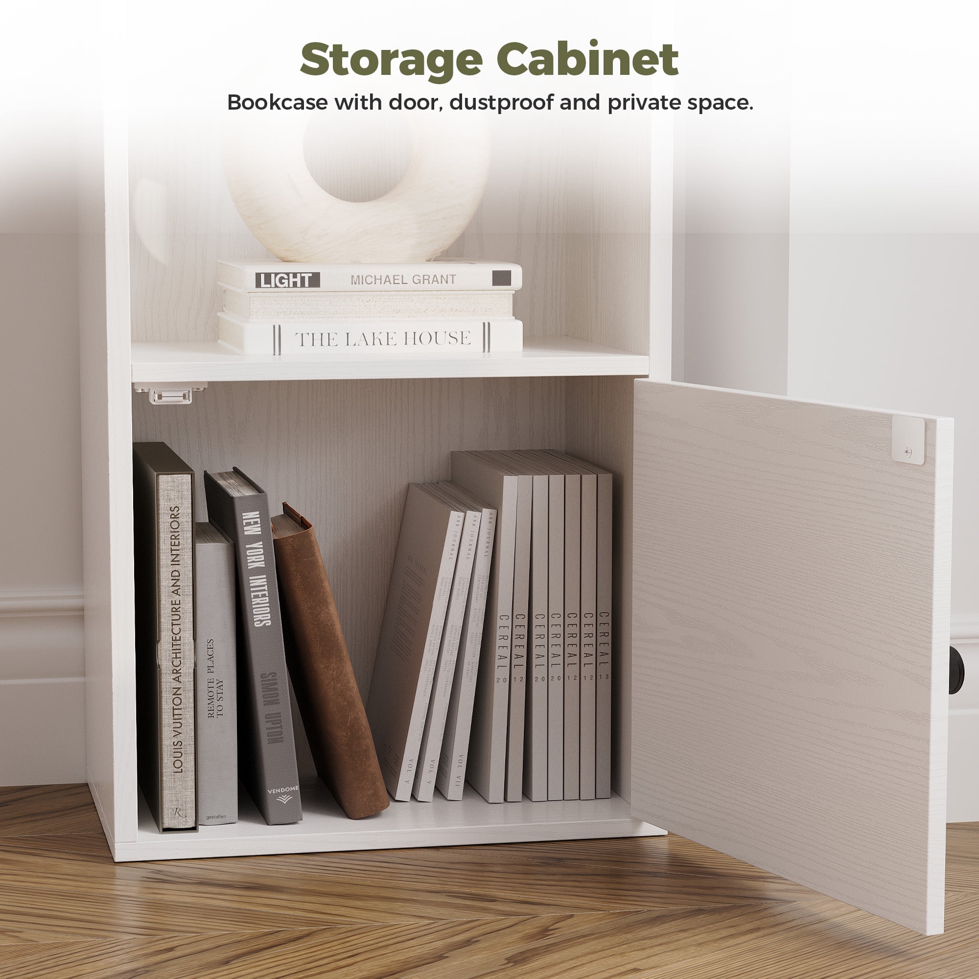 IRONCK 74.8" Tall Narrow Bookcase, 6 Tiers Open Adjustable Shelf and 1 Storage Cabinet for Home Office, White