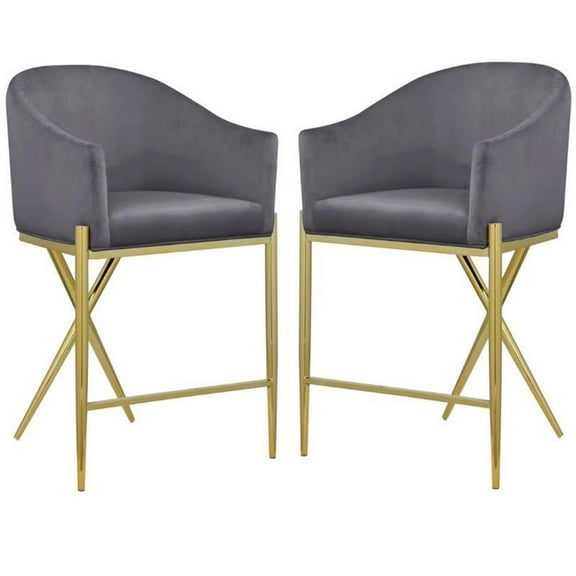 Home Square Gray Velvet Counter Stool with Gold Metal Legs - Set of 2
