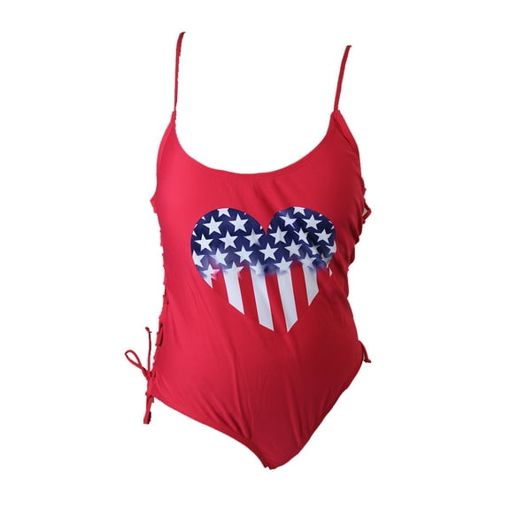 California Waves Womens Red Heart Graphic Lace-Up One-Piece Swimsuit M