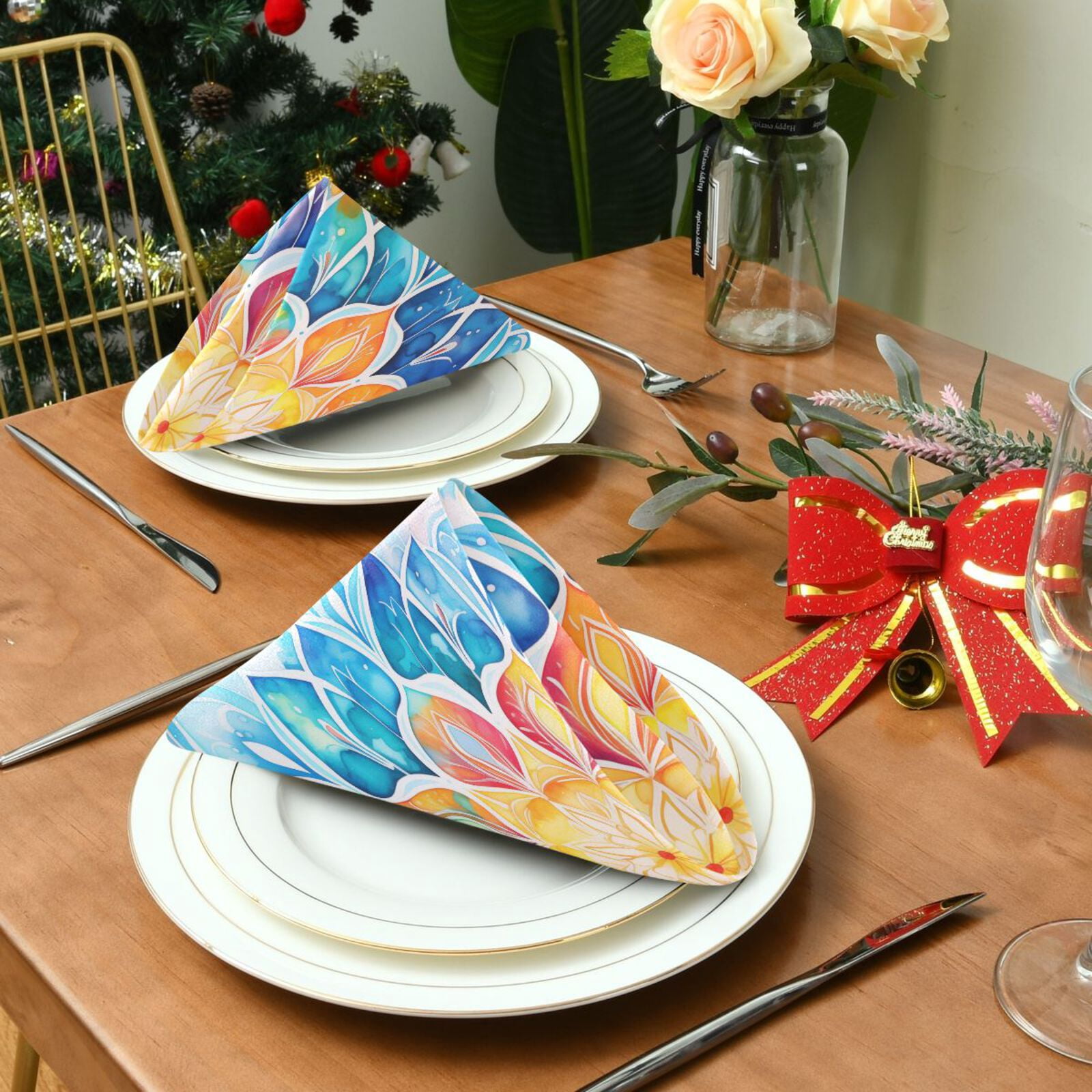 JSTEL Watercolor Mandala Tie Dye Cloth Napkins Set of 6, 20x20 Inch Washable and Reusable Napkin for Decoupage Dinner Party Everyday Use