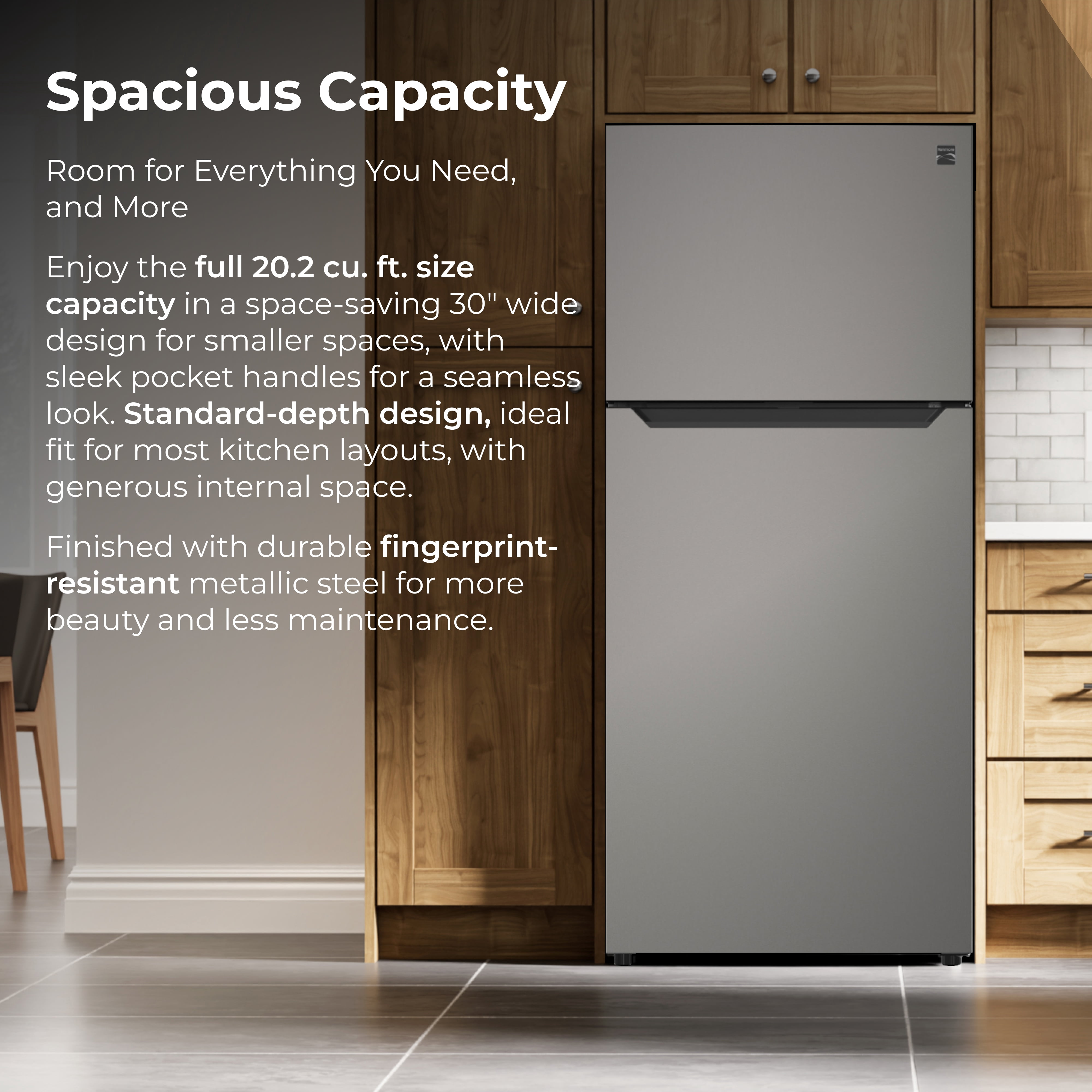 Kenmore 20.2 cu. ft. Top Freezer Refrigerator, Adjustable Glass Shelves, Metallic Steel