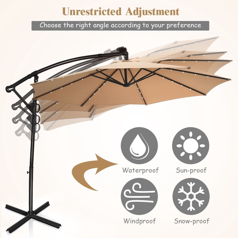 costway 10ft patio umbrella solar powered led 360degrees rotation beige Costway Patio Umbrella Solar Powered LED Lights, 10FT, Outdoor Shade