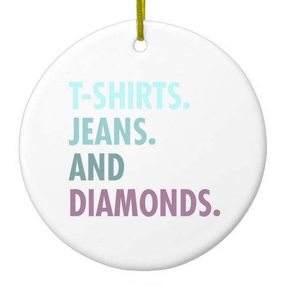 DistinctInk Hanging Ceramic Christmass Tree Ornament with Gold String - Great Gift / Present - 2 3/4 inch diameter - T-Shirts Jeans and Diamonds