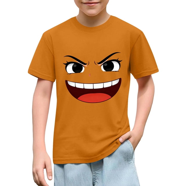 Blusas y camisas de manga corta con cuello redondo para niños y niñas, color liso, con estampado de expresión linda, manga corta, holgadas y cómodas, blusa para niña