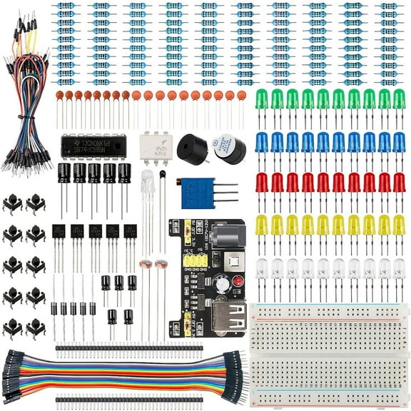 Basic Starter Kit for Arduino Project,Breadboard, Power Supply, Jumper Wires, Resistors, LED, Electronic Fun Kit Compatible with Arduino R3 Project, Arduino Mega2560 Project, Raspberry Pi