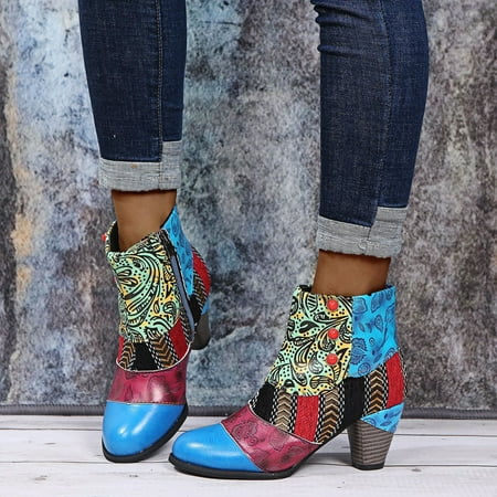 

Women s Shoes Retro National-Style Splicing Mid Heel Zipper Short Leather Boots