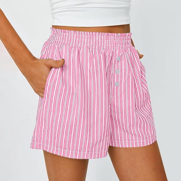MKLEKYY Pantalones Cortos de Mezclilla para Mujer, Pantalones Cortos de Verano A Rayas con Bolsillos, Informales, Holgados, con Cintura Elástica y Botones
