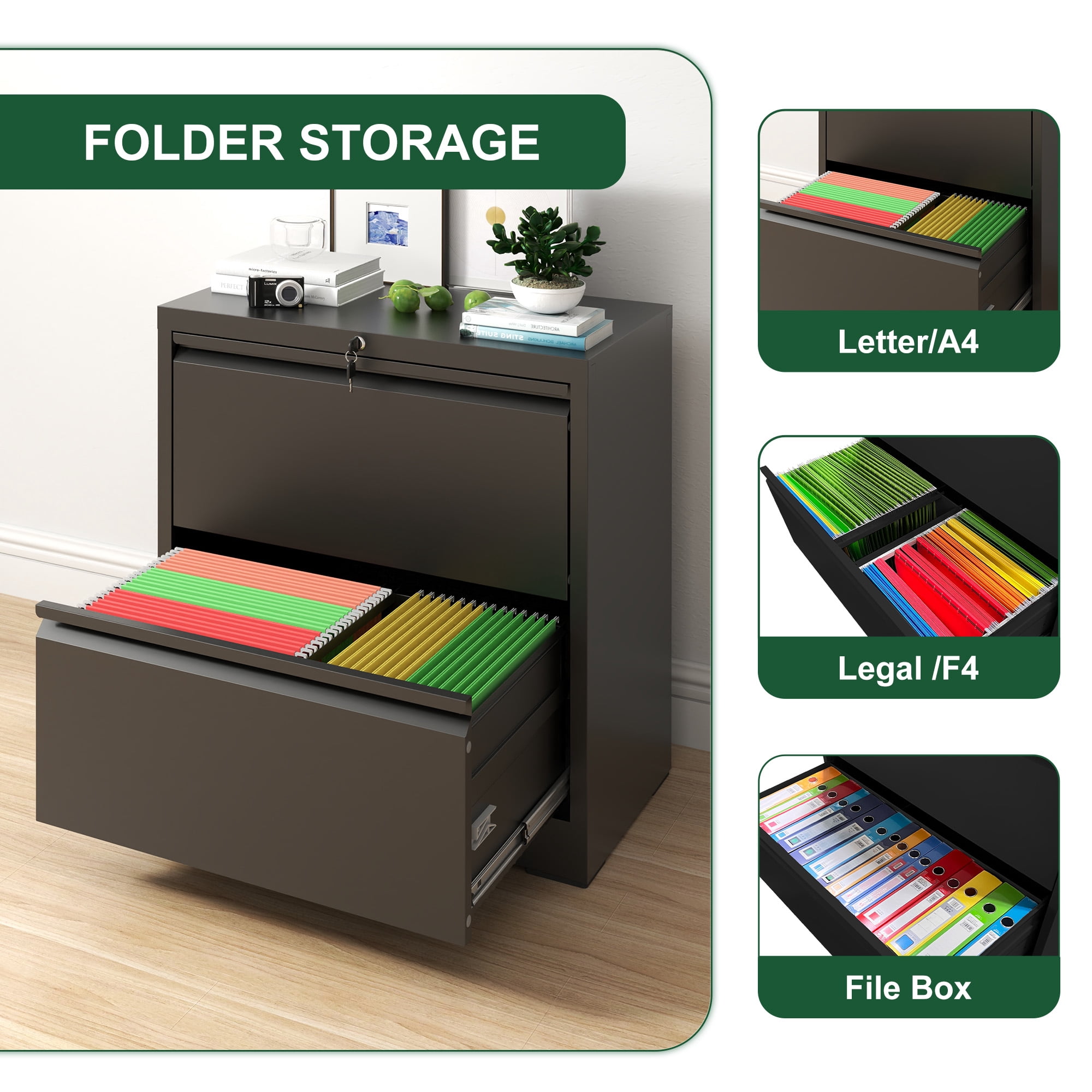 HOQBN 2 Drawer Lateral File Cabinet with Lock,Metal Lateral Filing Cabinet for Home Office,27" W Steel Filing Cabinets for Letter/Legal/A4/F4 Hanging Files,Black