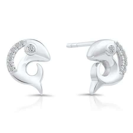 Tilo Jewelry 925 Solid Sterling Silver Stud Earrings with Fish Design & Cubic Zirconia CZ Stones for Women & Unisex