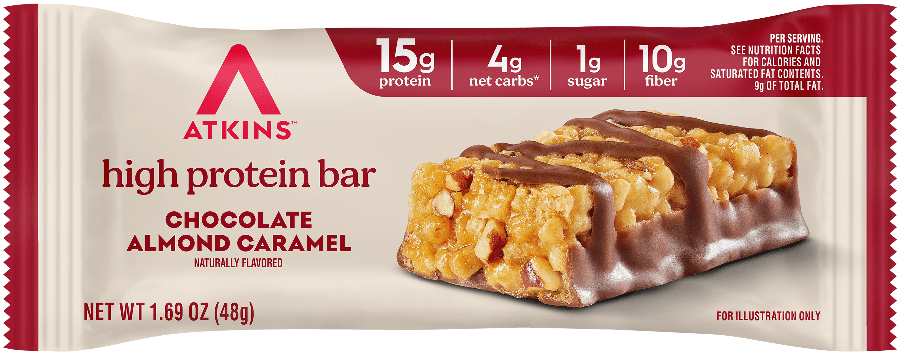 Atkins High Protein Bars, Chocolate Almond Caramel Flavored, 15g Protein, Low Sugar, Keto Friendly, Fiber Snacks, 4 Count