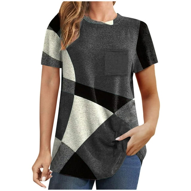 Diufon Hauts Grande Taille pour Femmes Printemps Été Manches Courtes Col Rond Chandail Décontracté Imprimé Blouses Amples