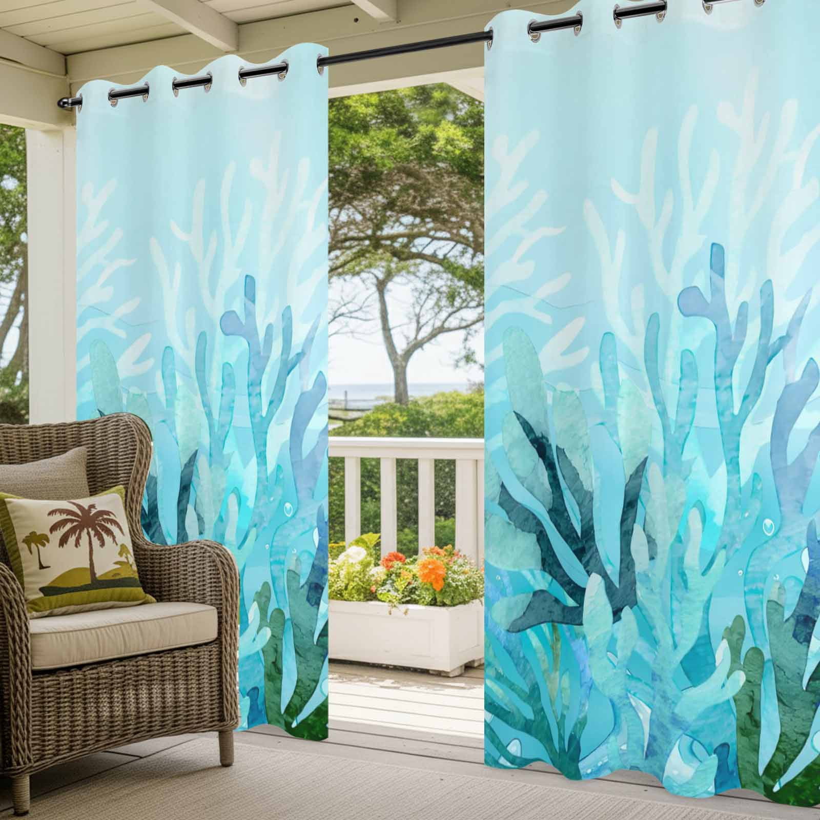 Blue Gradient Coral Outdoor Curtains for Patio, Ocean Coastal Sea Watercolor Coral Sunshade Privacy Drapes Grommet Waterproof Outside Curtains for Porch/Cabana/Balcony 54"x 108", 1 Panel
