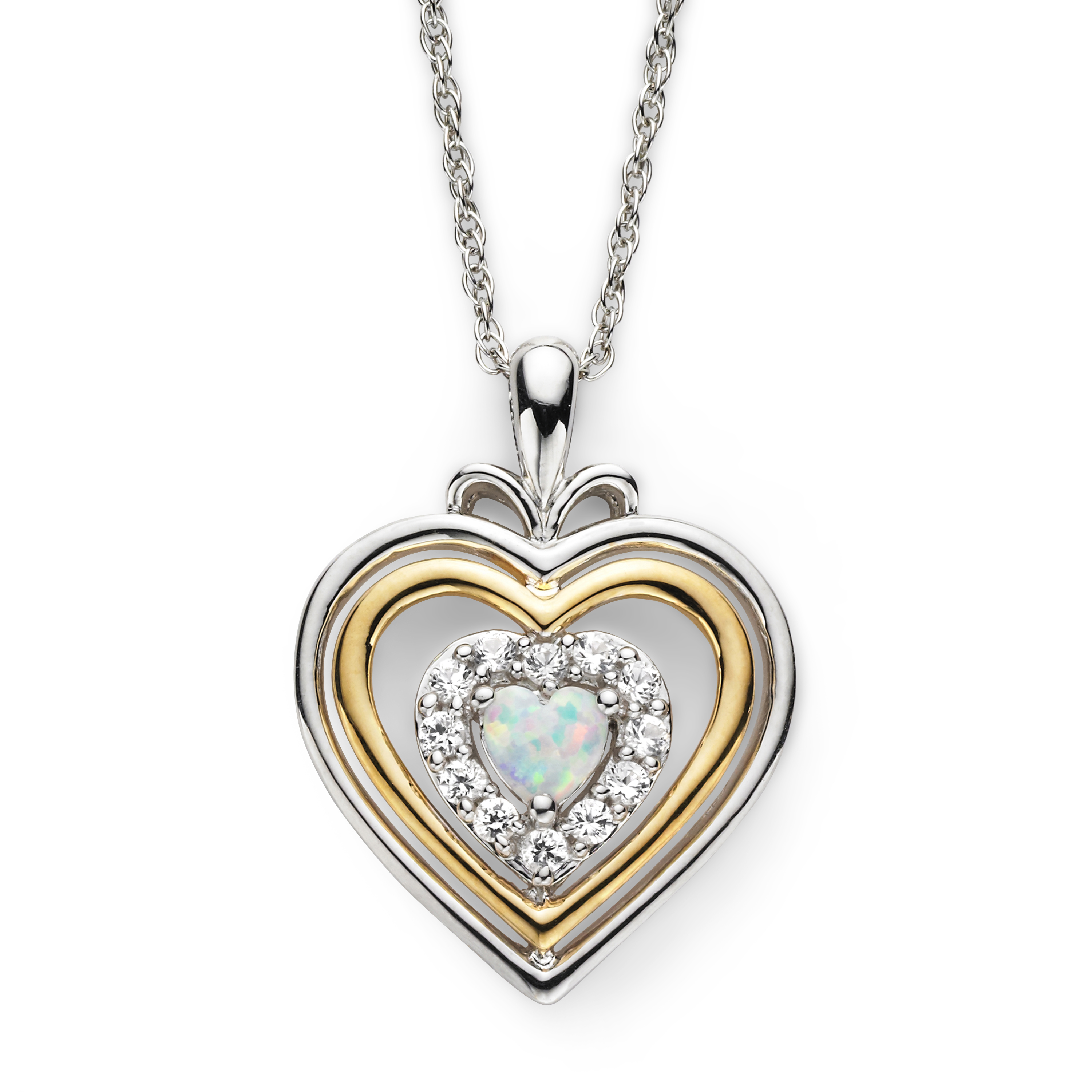 Brilliance 925 Sterling Silver with 14KY Gold Plated Created Opal and Created White Sapphire Heart Pendant with 18" Chain