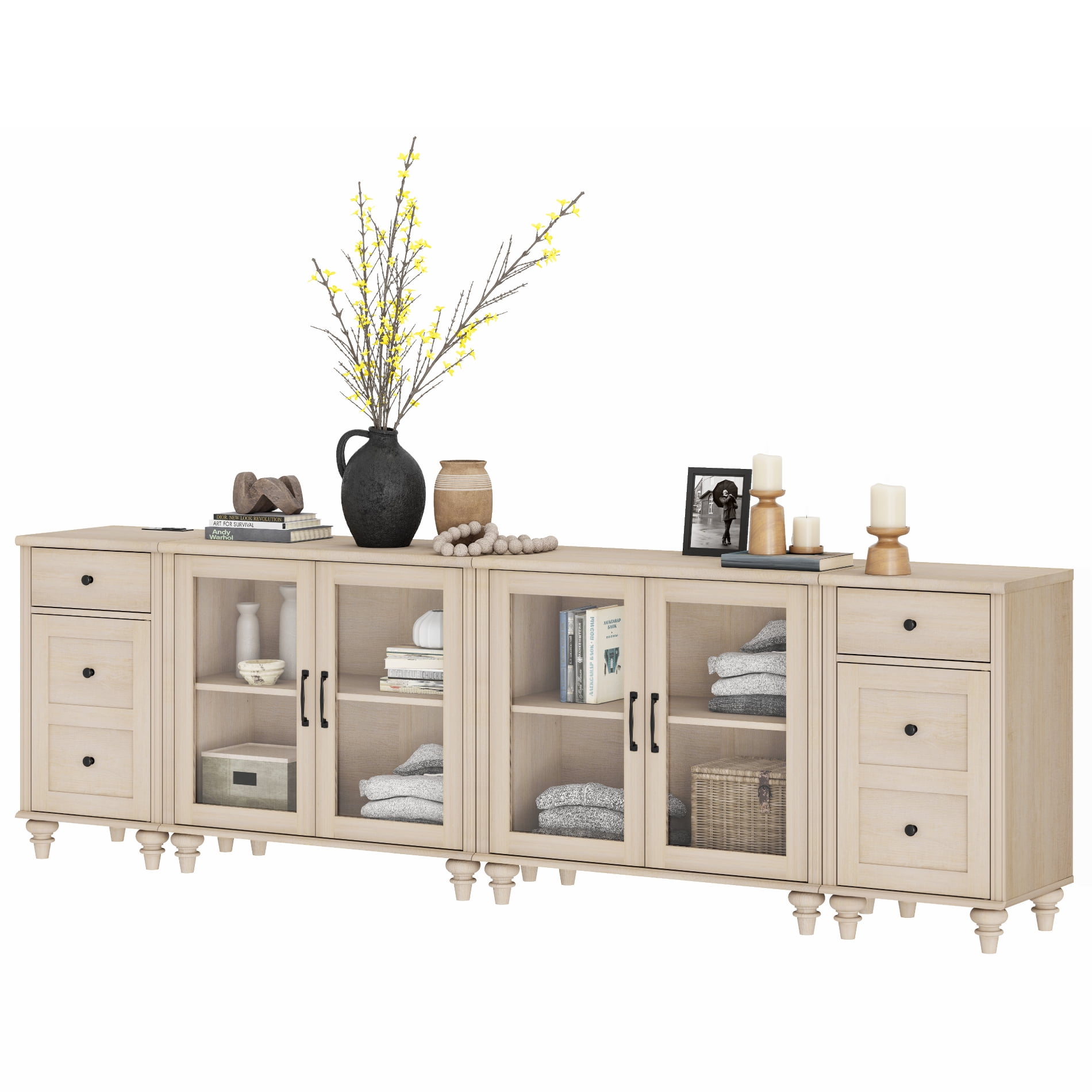 WAMPAT TV Stand for 100 Inch TV, Wood TV Console Table for 85 90 95 Inch TV, Entertainment Center with Charging Station & Glass Door, TV Stand for Dining Room, Beige
