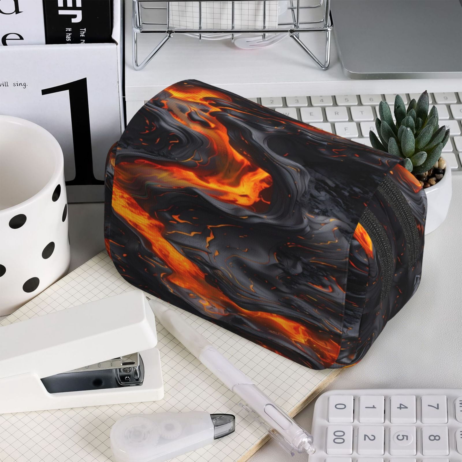 Rateoe Molten Lava Abstract Flow Pattern Double Clamshell Pen Case, Storage Organizer with Two Zipper Compartments– Holds Up to 50 Pencils & Pens