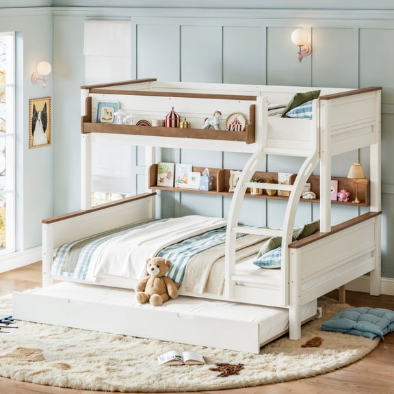 ChenyueFurn Twin over Full Wood Bunk Bed with Trundle & Storage,Beige Natural