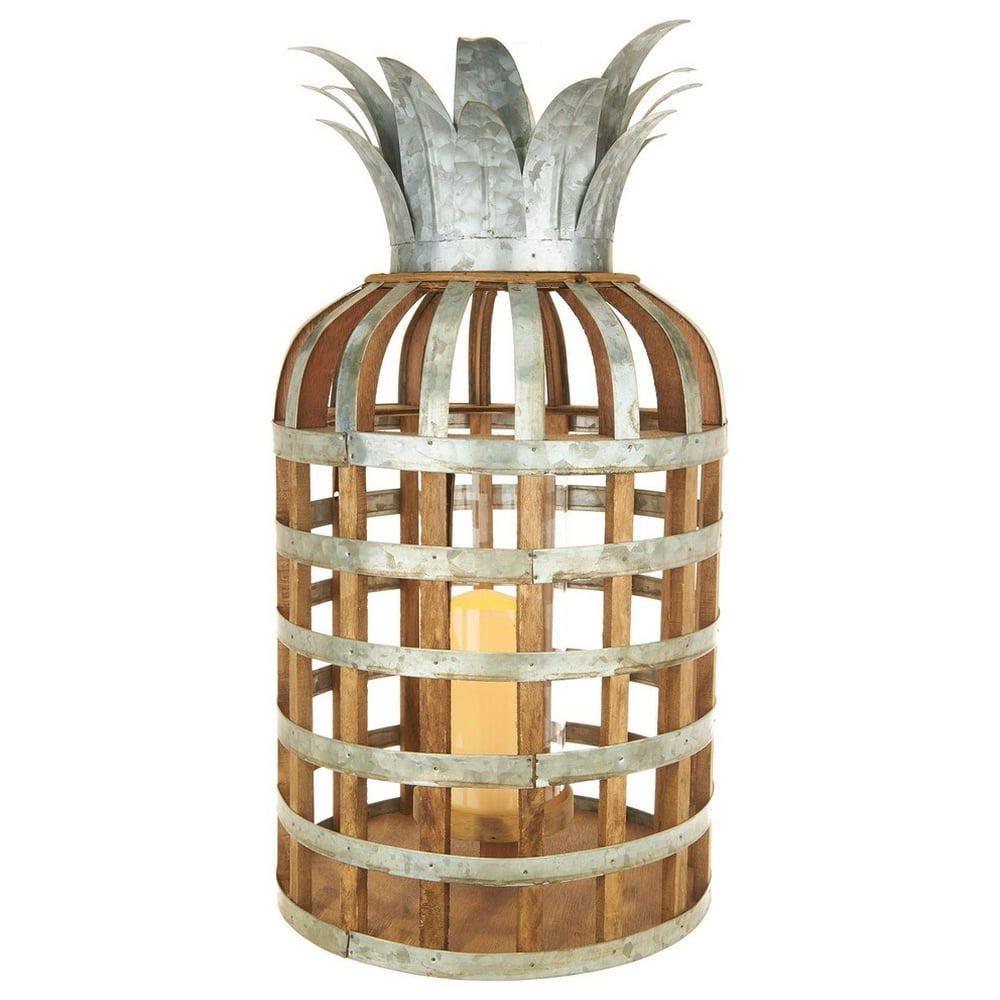 21.5" Wood and Metal Pineapple Lantern With Candle