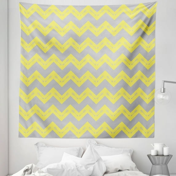 Chevron Tapestry, Zig Zag Pattern with Tribal Arrows Prehistoric Abstract Design, Fabric Wall Hanging Decor for Bedroom Living Room Dorm, 5 Sizes, Yellow Pale Grey, by Ambesonne