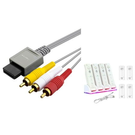 4 Sockets Charger Nintendo Wii Remote Dock Station with 4-pack 2800mah Battery + AV Composite Audio Video Cable by Insten