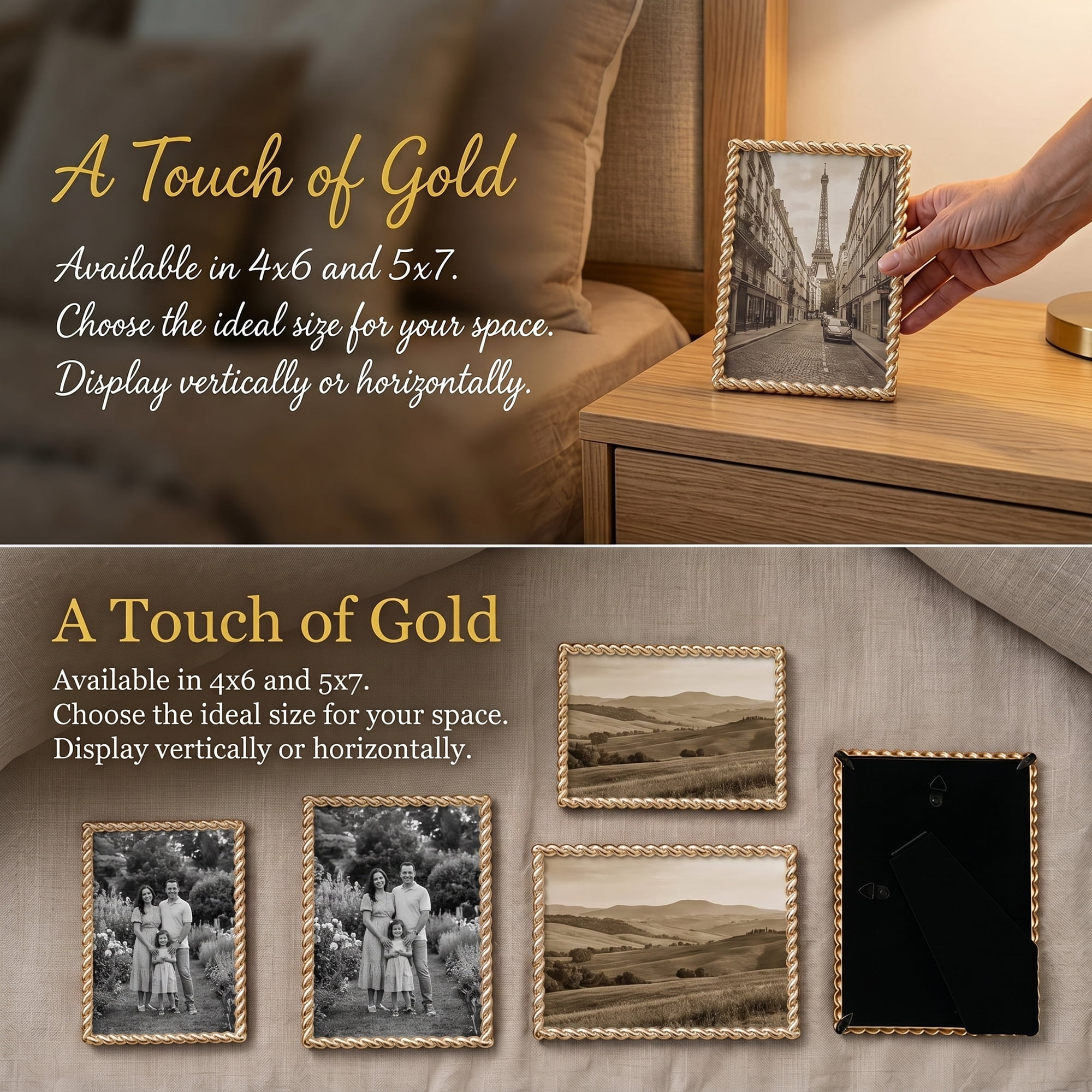 Unique Bargains Threaded Metal Premium Ribbed Photo Frame with HD Glass Gold 5" x 7"