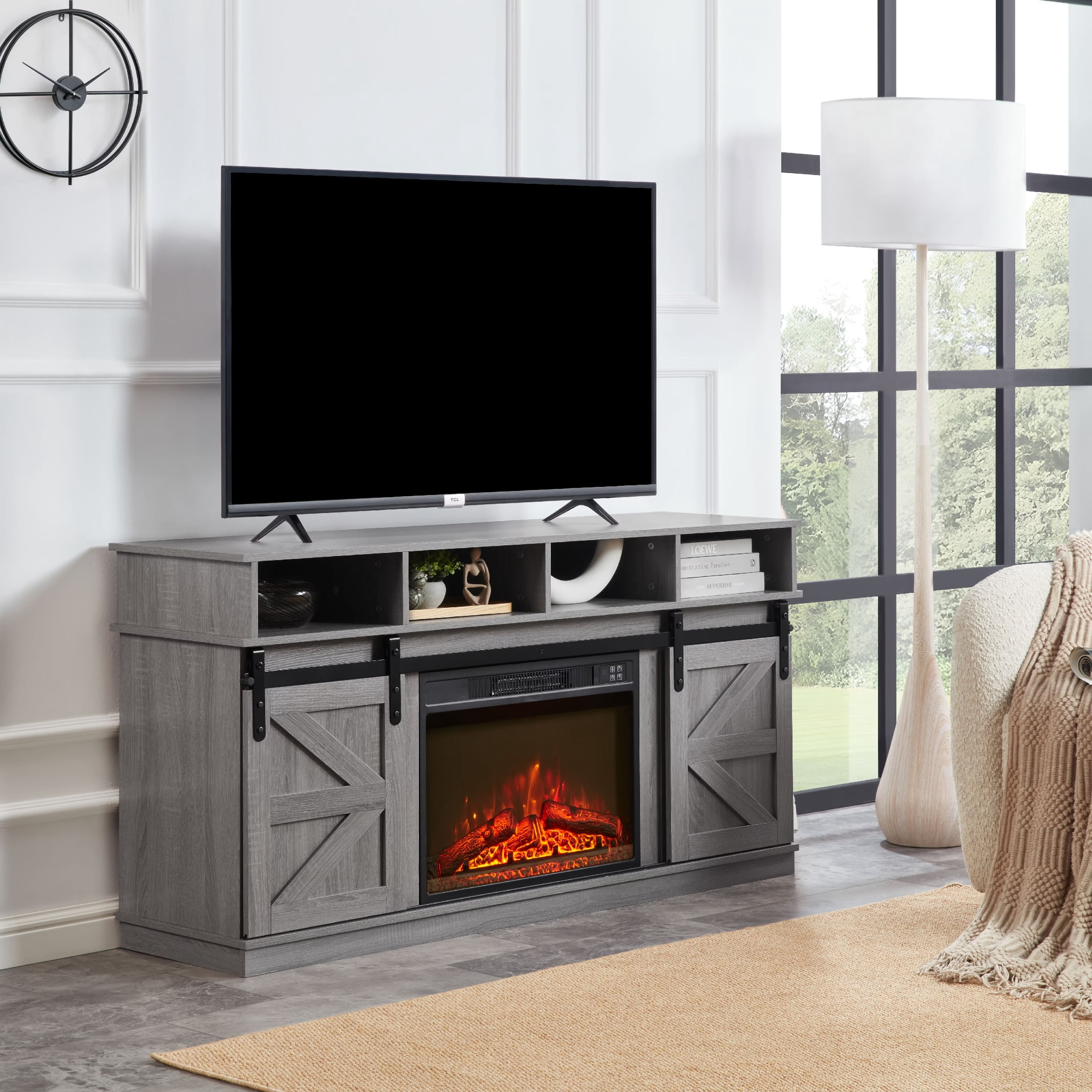 MAYEERTY Modern Farmhouse TV Stand with 23" Fireplace, For TVs Up to 65", Grey