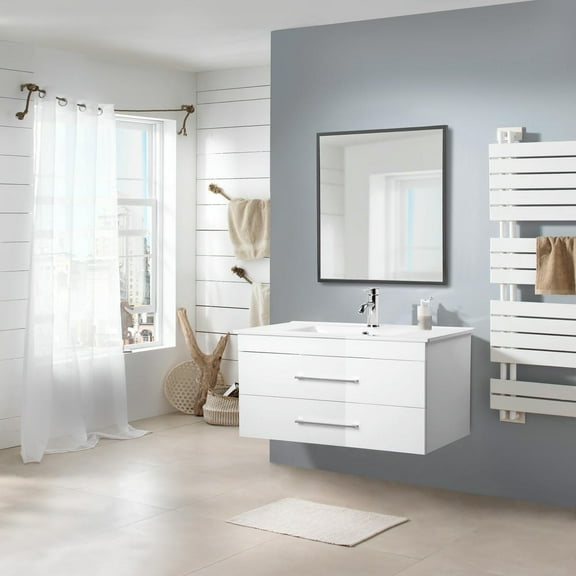 Resenkos Wall Cabinet, Wall Mount Cabinet,32-Inch White Gloss Wall-Mounted Bathroom Vanity with Double Drawers