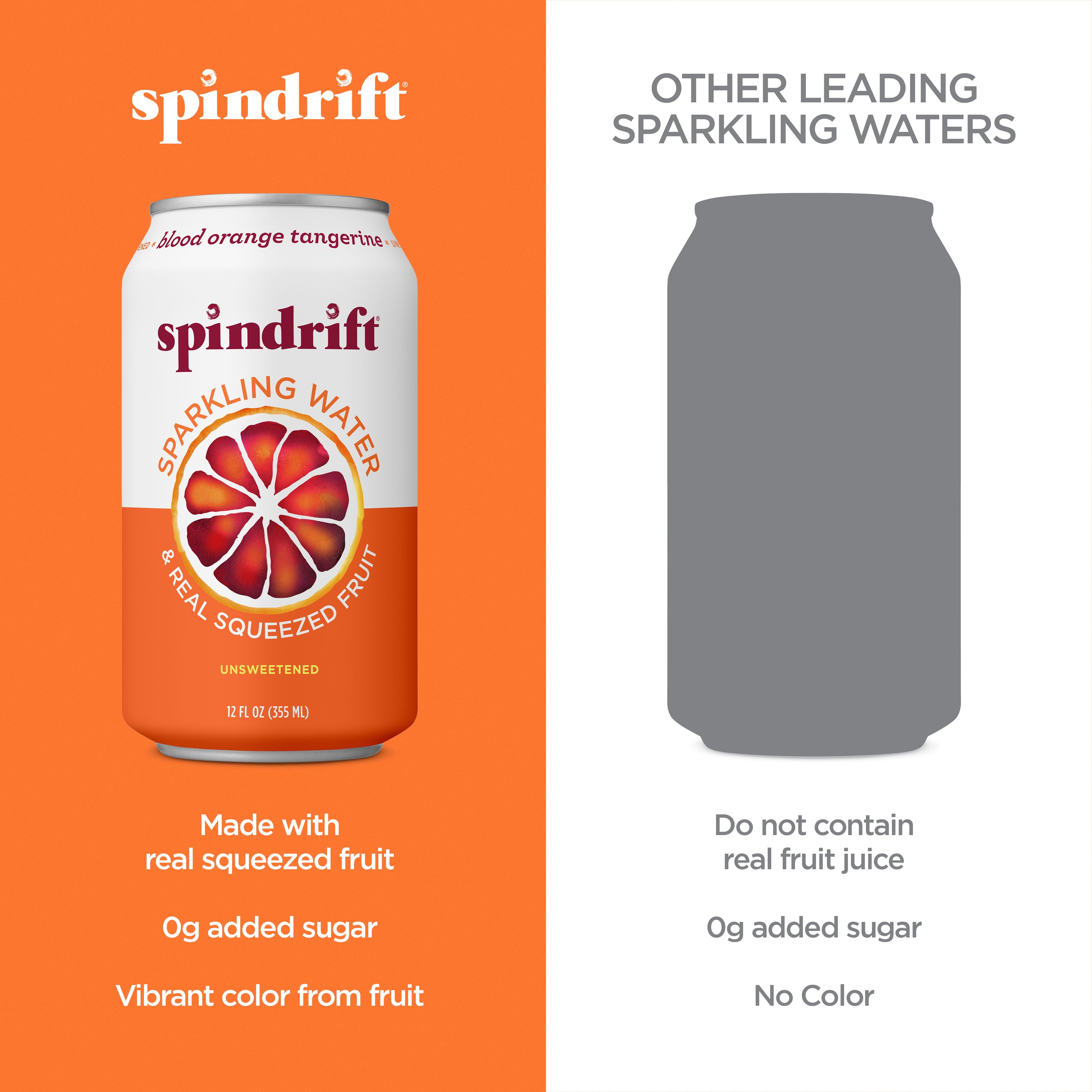 Spindrift Sparkling Water, Blood Orange Tangerine Flavored,  Made with Real Squeezed Fruit, 12 fl oz, 8 Count, No Sugar Added, 12 Calories per Can