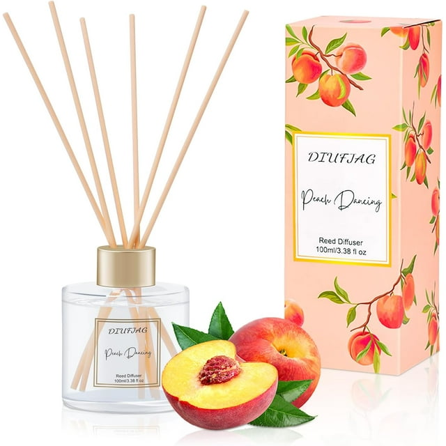 3.5 oz Scent Diffuser with 6 Fiber Sticks, 100ml Peach Reed Diffuser Set Aromatherapy Fragrance Diffusers Air Fresheners for Home Bedroom Bathroom