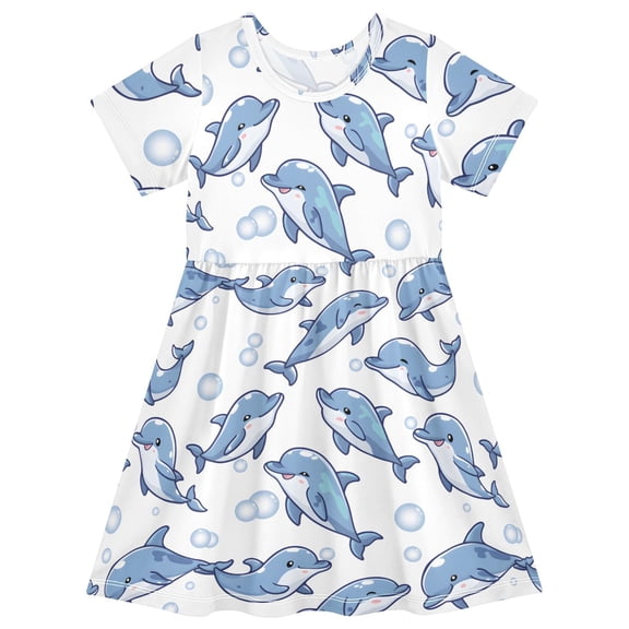 Dolphin Short Sleeve Dress A-Line Cute Midi Casual Sundress 2-8 Years