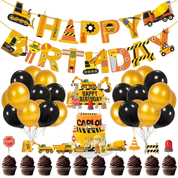 Under the Construction Birthday Party Supplies Dump Truck Birthday Party Decorations Paper Banner, Cake Topper, Cup Cake Topper and Balloon for Construction Theme Birthday Party 37 Pack