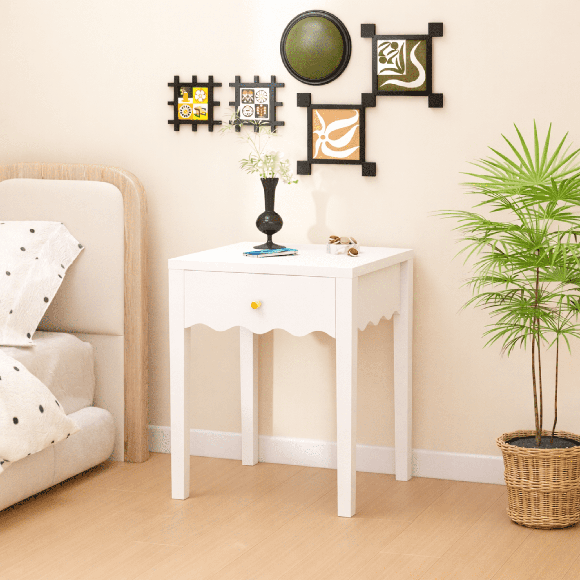 White Nightstand with Drawer, Modern Bedside Table with Wavy Apron Design, Compact End Table for Bedroom Living Room, Small Side Table with Storage