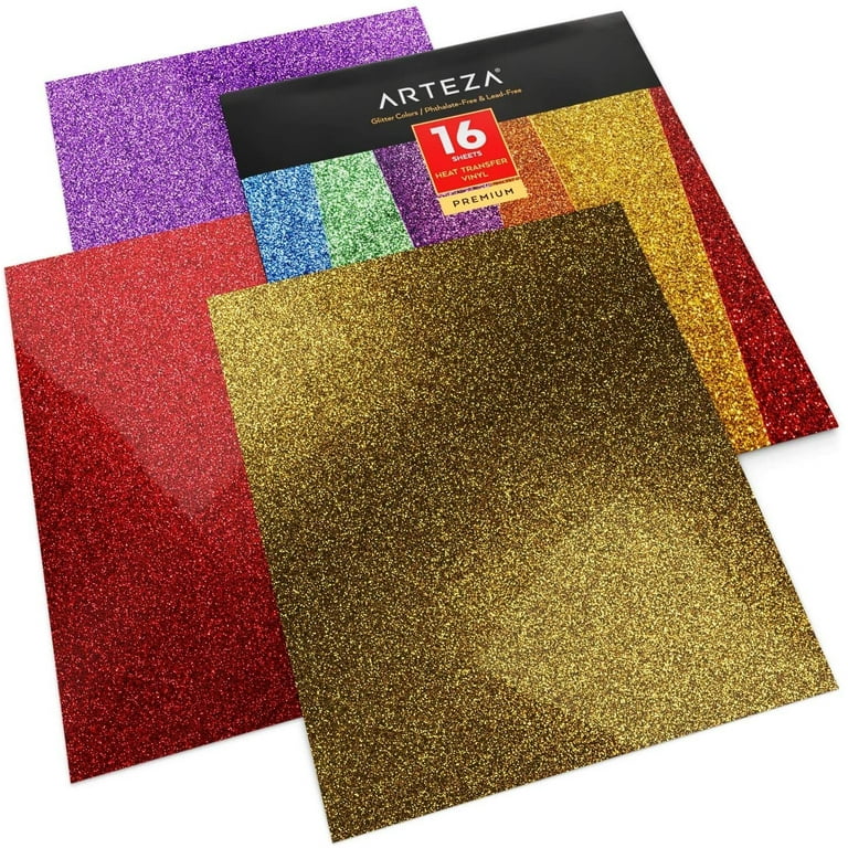 Arteza Heat Transfer Vinyl, Glitter Colors, 10x12 Sheets - 16 Pack 