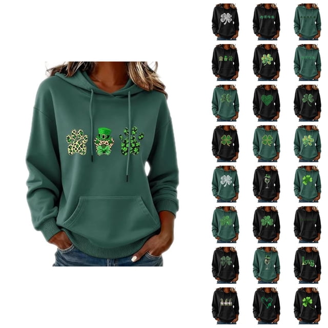 Chandails à Capuchon pour Femmes de la Saint-Patrick 2026 à Manches Longues avec Graphique de Trèfle et Poches