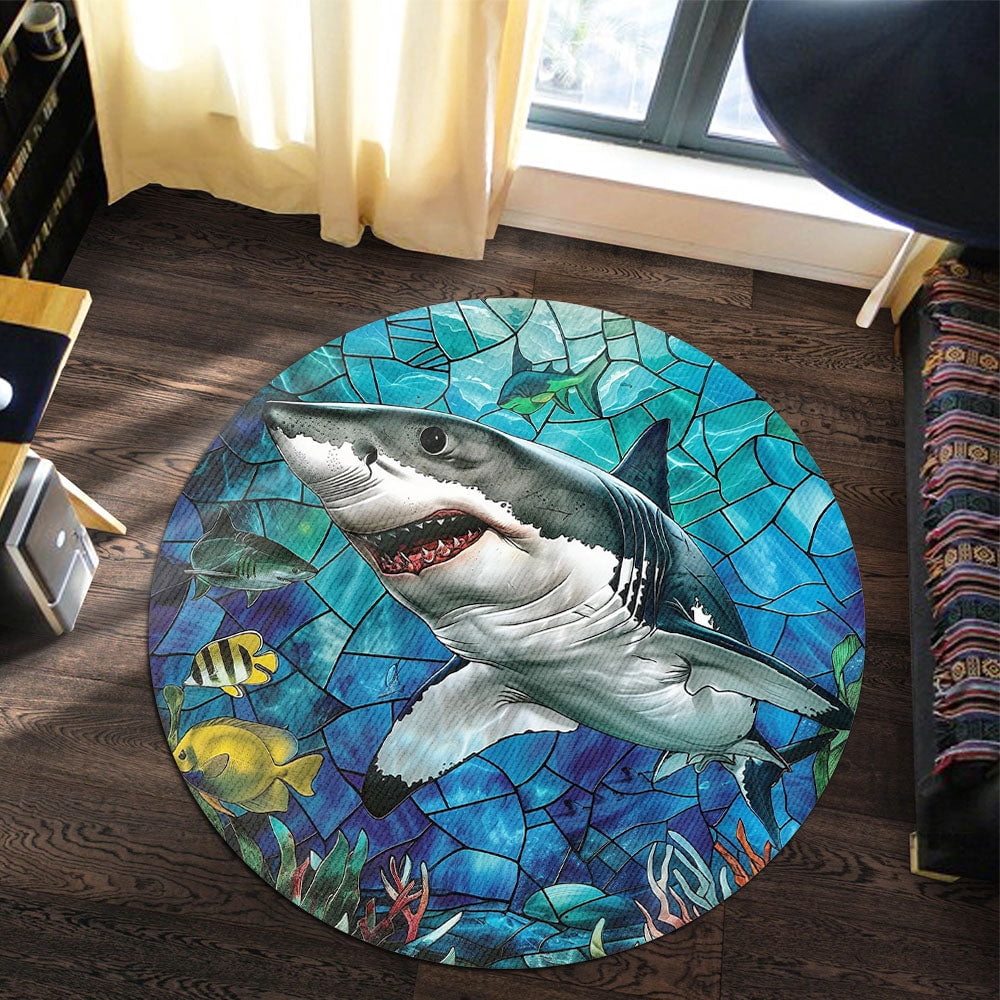 Circle Area Rug, Shark2 Washable Non-Slip Floor Carpet, Soft Rug for Living Room Bedroom Decor 59 Inch
