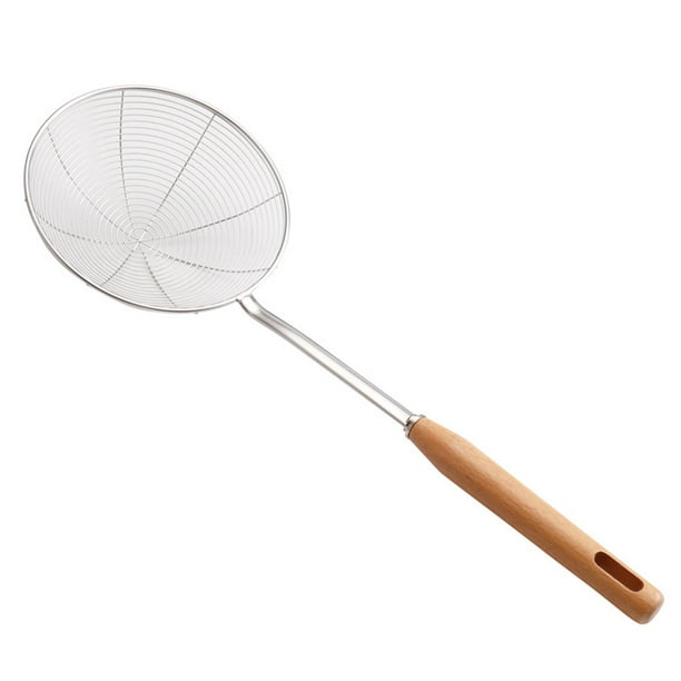 Colador de araña de acero inoxidable con mango de bambú, mango largo ergonómico que garantiza resistencia al calor y agarre fuerte para un compañero de cocina multiusos