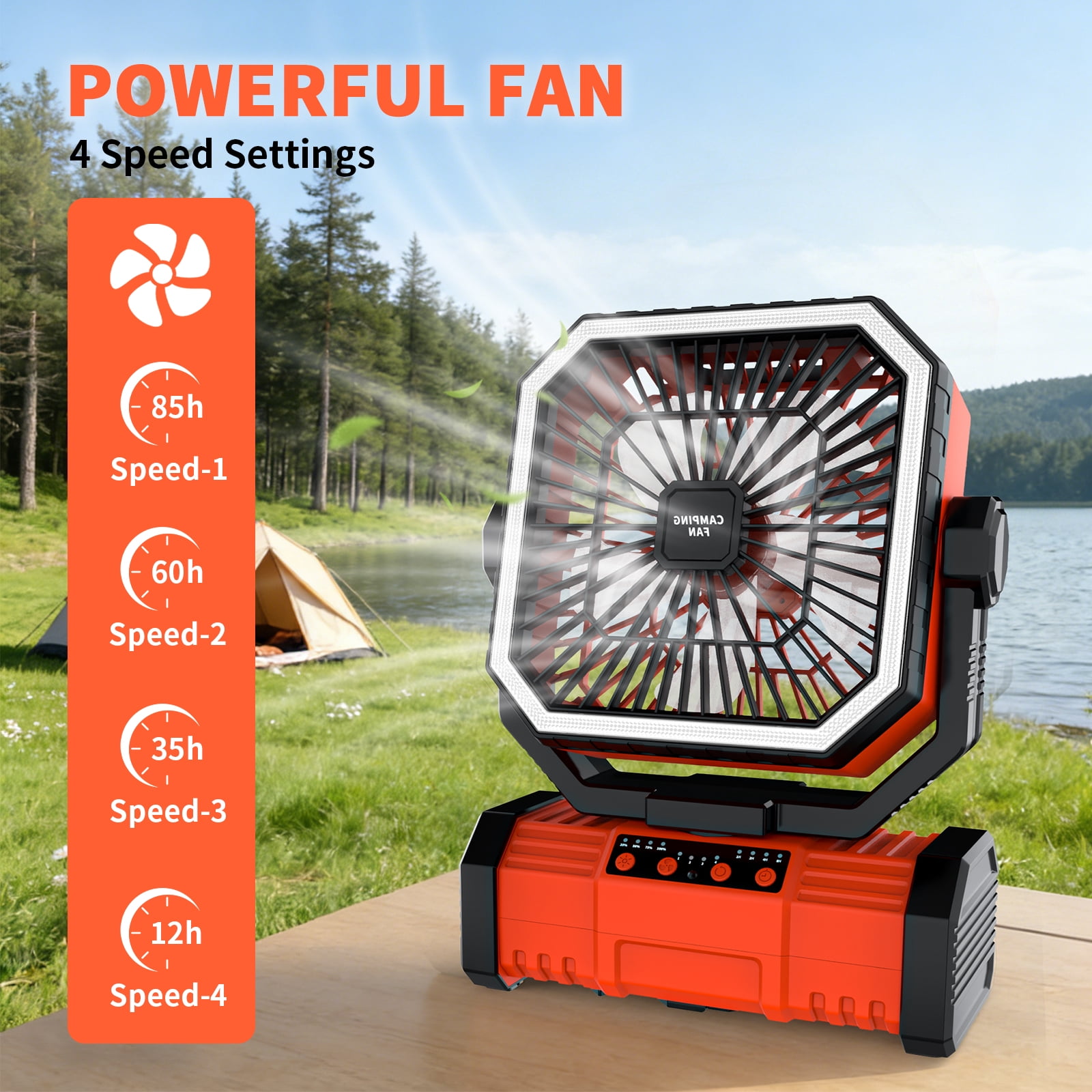 SuperRGB Portable Camping Fan, 20000mAh Rechargeable Battery Operated Fan with LED Light & Remote, 4 Speeds, Timer & Hanging Hook for Tent, Outdoor, Travel, Emergency Orange