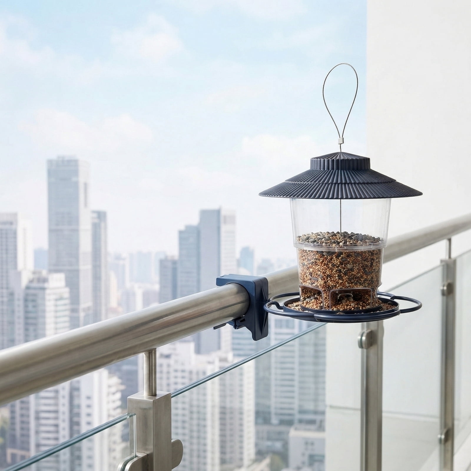 JIhuahe Bird Feeders for Outdoors - Automatic Cover Type Hanging Feeder, Flip-Top Design for Balcony Garden, Prevents Spillage,Navy