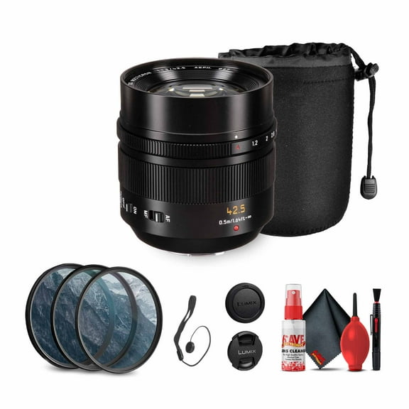 Panasonic Leica DG Nocticron 42.5mm f/1.2 Lens (H-NS043) Bundle Including: 3-Piece Filter Kit, Lens Caps, Lens Pouch, Cap Keeper, Full Cleaning Kit