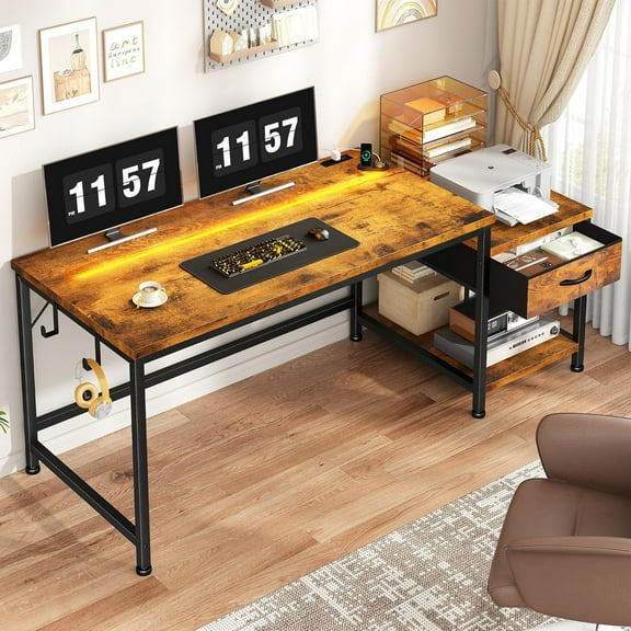 56 Inch Computer Desk,Reversible Office Desk with LED Lights & Power Outlets,Writing Desk with Wide Tabletop for Study,Writing,Desk with Drawers & Printer Shelf for Storage,Craft,Rustic Brown