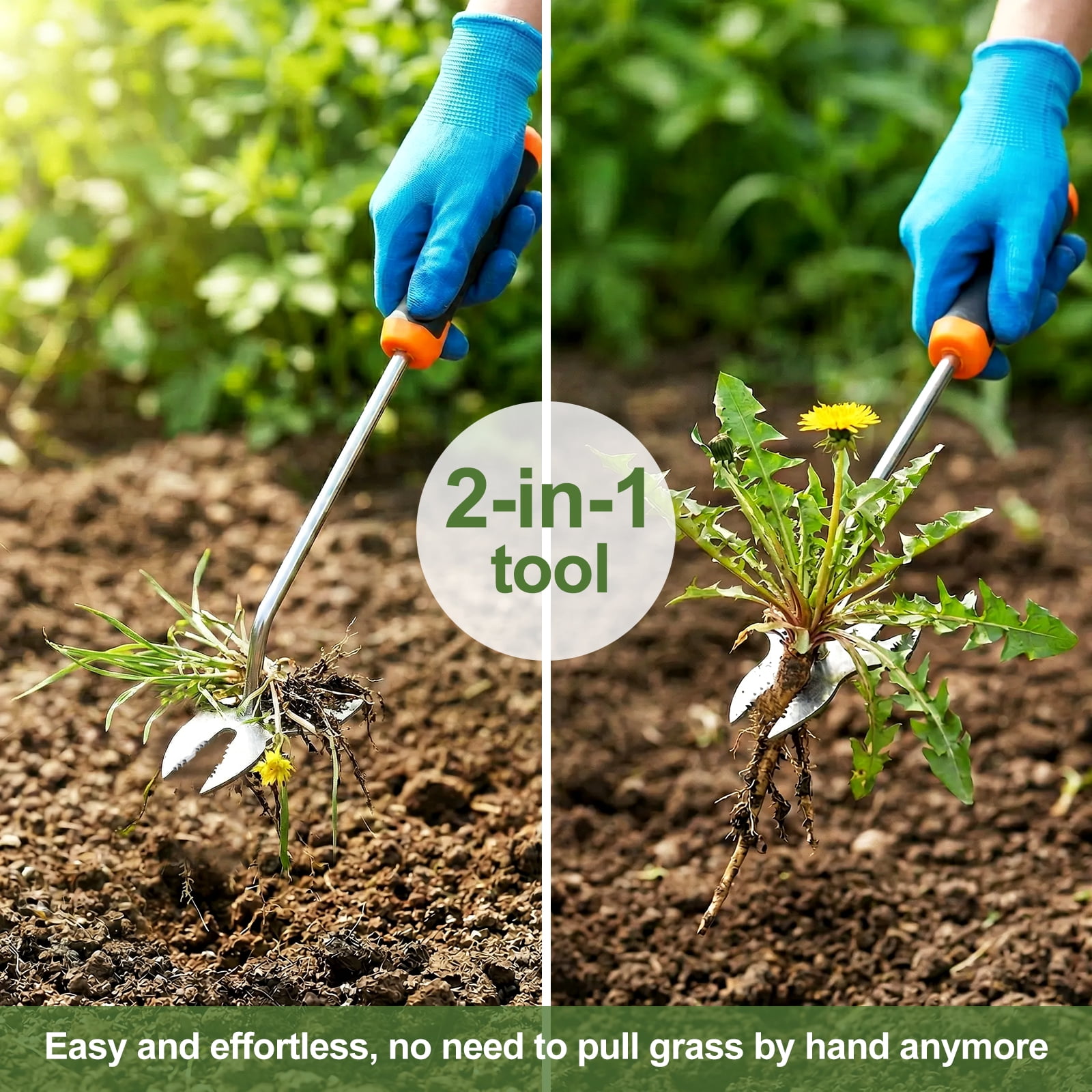 HKJUNFEI 2Pcs Weed Puller Tool with 2 in 1 Dual Head & Ergonomic Comfortable Grip Bionic Clamp Bite for Yard Farm Gardening Deep Roots