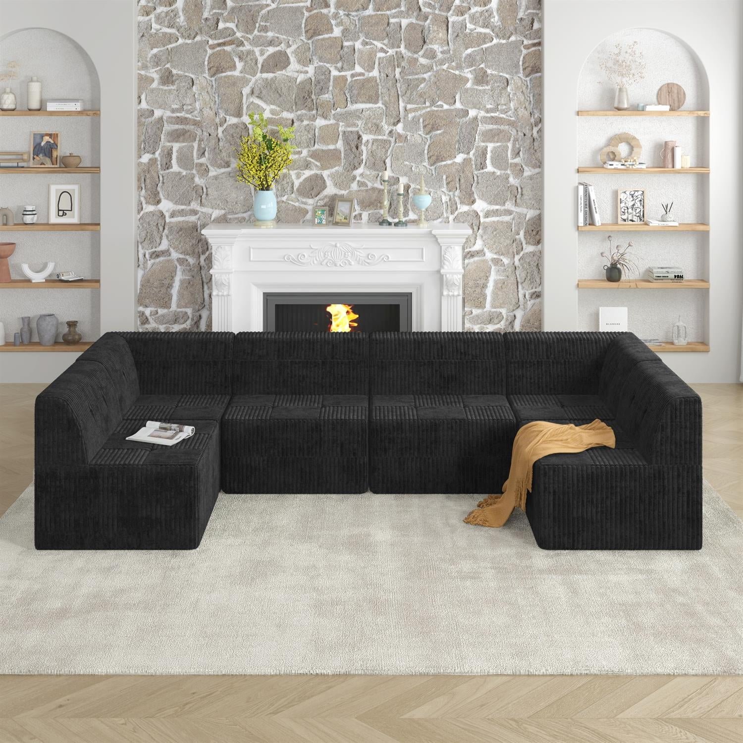 Demi Bonn 130" U-Shaped Modular Sectional Sofa, Modern Minimalist Style DIY Compressed Corduroy Couch for Living Room & Bedroom, Black