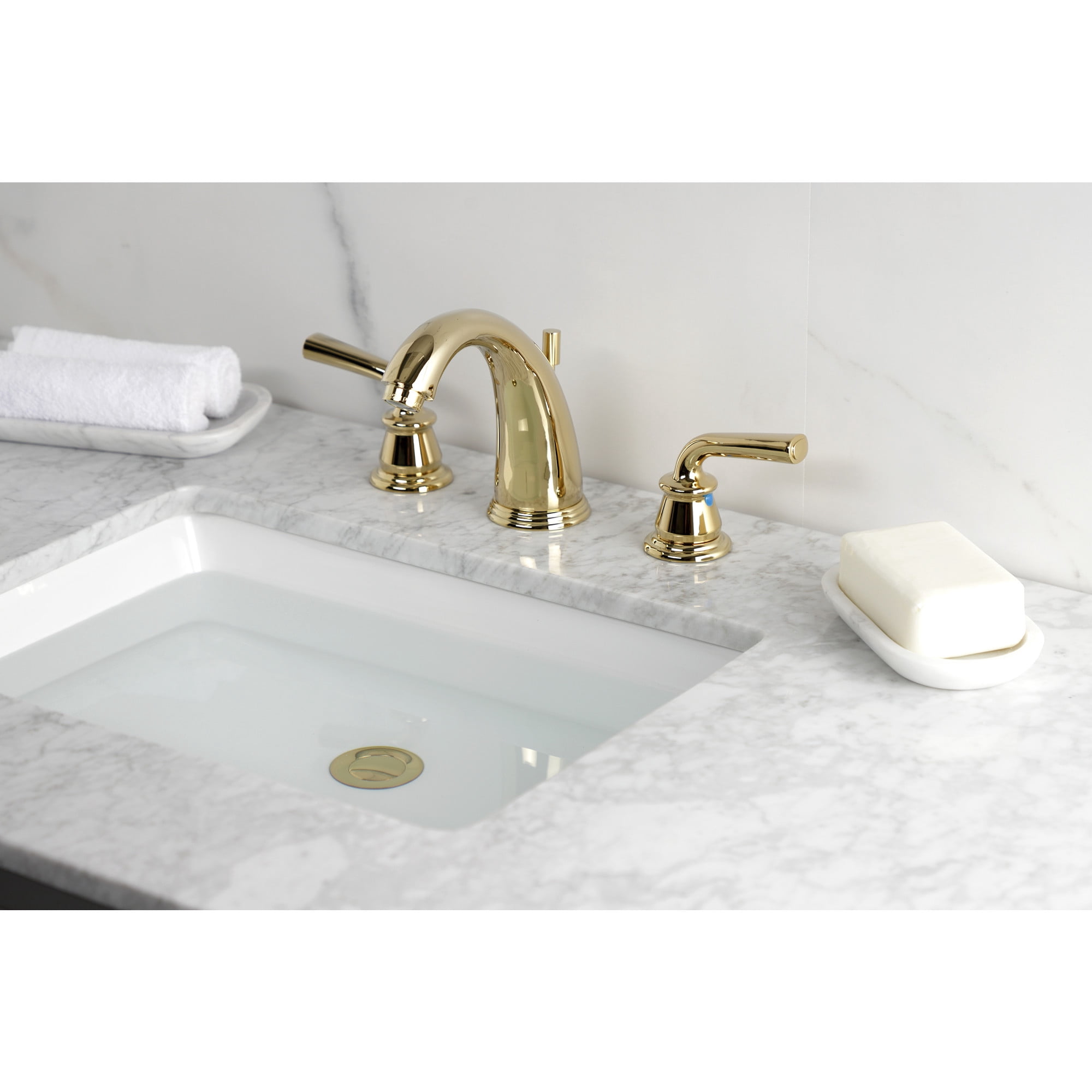 Kingston Brass KB982RXL Restoration Widespread Bathroom Faucet with Pop-Up Drain, Polished Brass