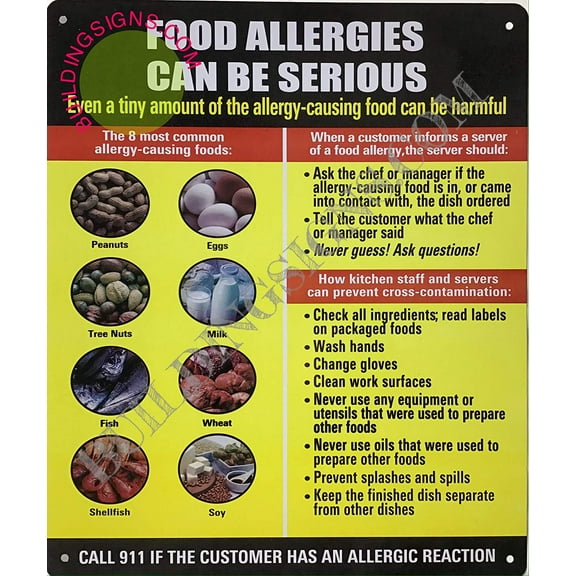 Food Allergies CAN BE SERIOUS Sign (Aluminium-Rust Free,Yellow/Black, Size 10X12)-NYC LINE (ref-2201)